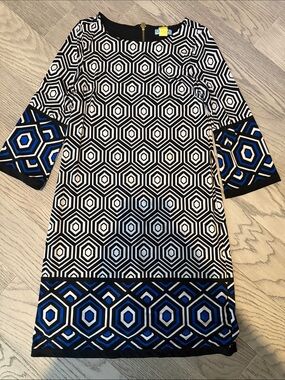 Black,White & Navy Stretchy Dress with Blue  accent at the sleeves & Hem. XS